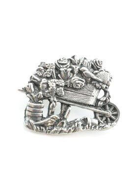 Birds & Blooms Limited Edition 2001 Pewter Pin Brooch Wheelbarrow Floral Design